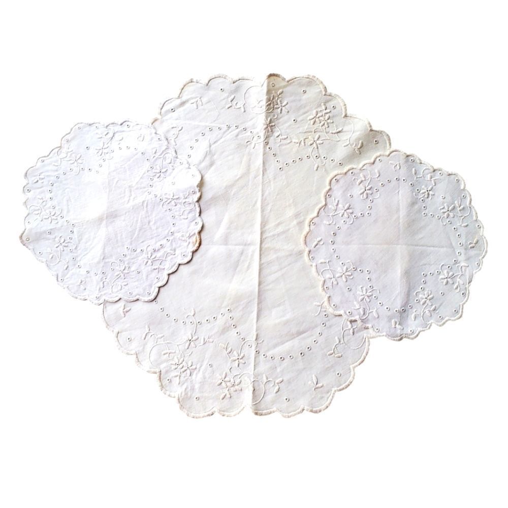 Vintage Lot 3 Round Linen Plate Doilies White Embroidery Floral Daisy